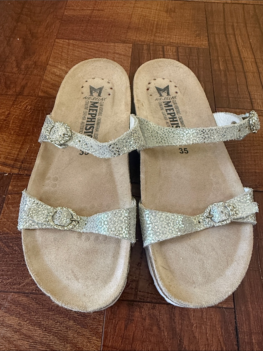 Mephisto Women's Glitter Strap Sandals in silver with rhinestone buckles size 35
